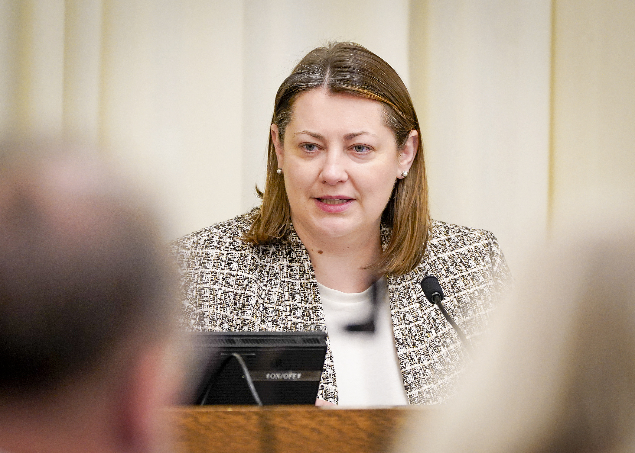 Commerce Commissioner Grace Arnold testifies Feb. 13 before the House Commerce Finance and Policy Committee regarding the transfer of the Commerce Fraud Bureau to the Bureau of Criminal Apprehension. (Photo by Andrew VonBank)